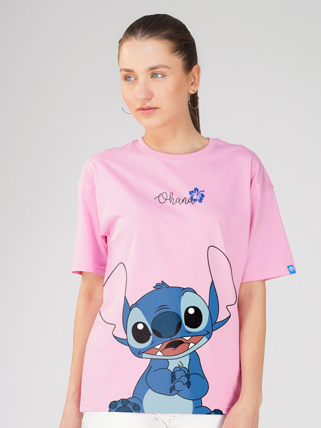 

Crazymonk Lilo & Stitch Printed Drop-Shoulder Sleeves Oversized Cotton T-shirt, Pink