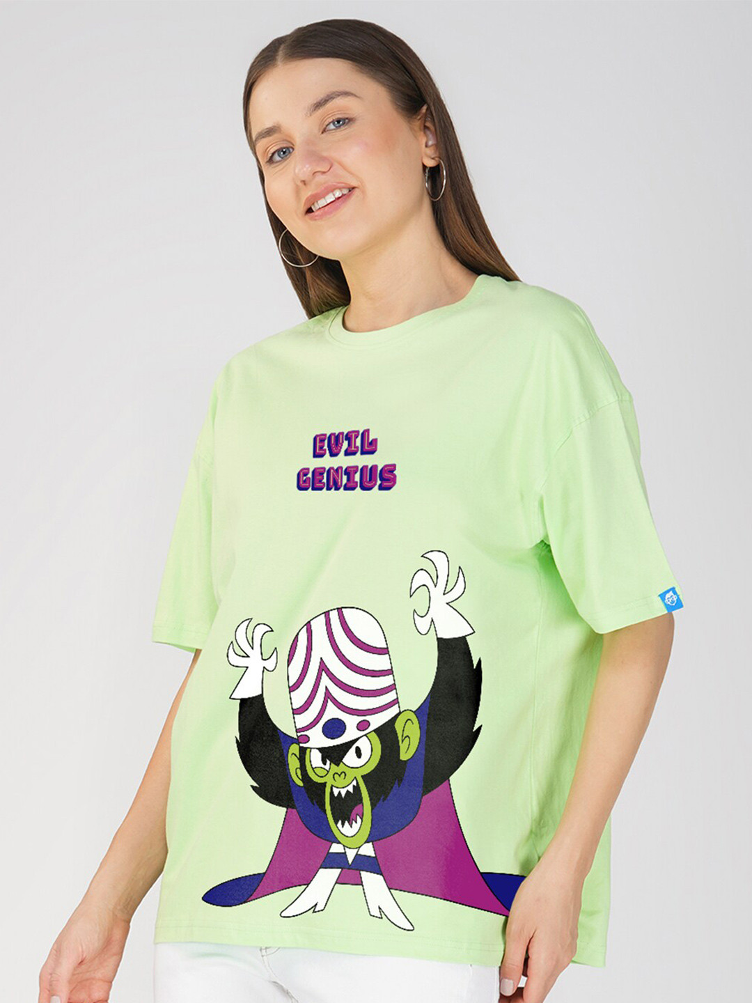 

Crazymonk Evil Genius Printed Drop-Shoulder Sleeves Oversized Cotton T-shirt, Green