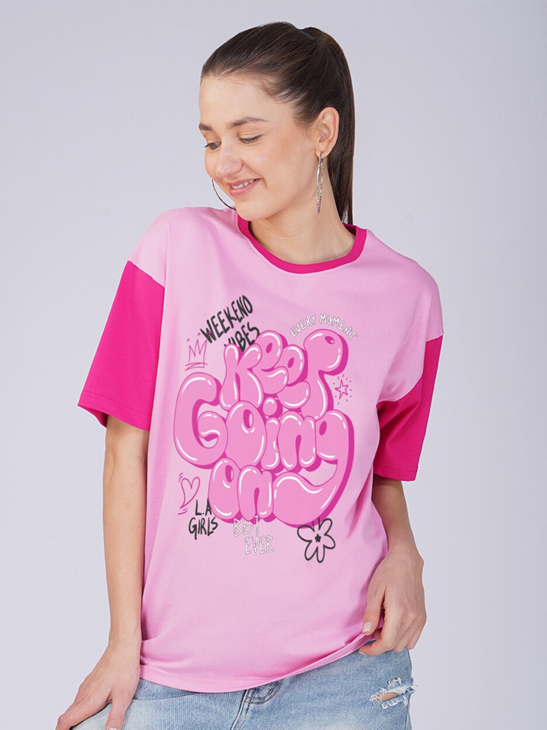 

Crazymonk Keep Going On Typography Printed Drop-Shoulder Sleeves Oversized Cotton T-shirt, Pink