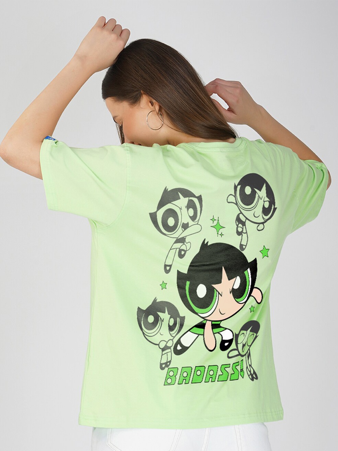 

Crazymonk Powerpuff Girls Printed Oversized Cotton Drop-Shoulder Sleeves T-shirt, Green