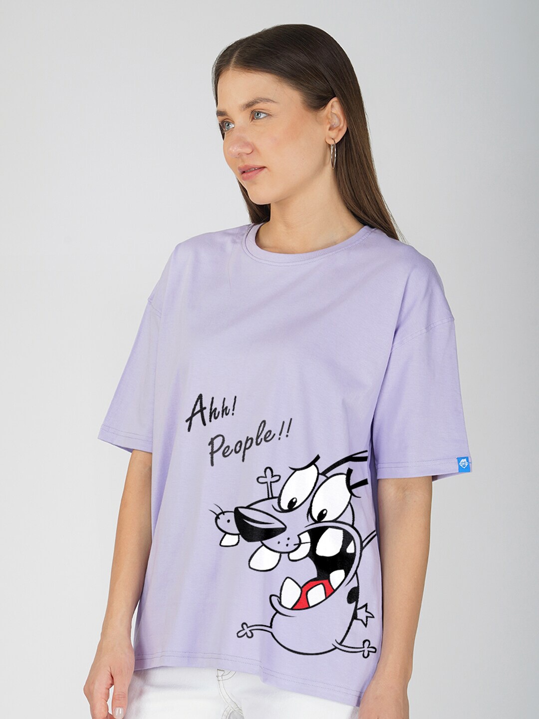 

Crazymonk Printed Oversized Cotton Drop-Shoulder Sleeves T-shirt, Purple