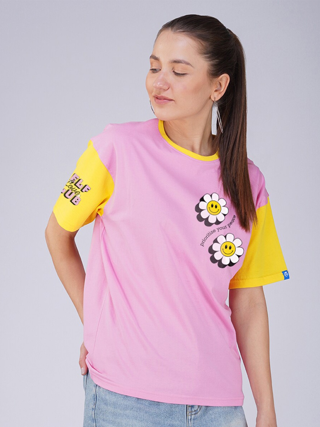 

Crazymonk Typography Printed Oversized Cotton T-shirt, Pink