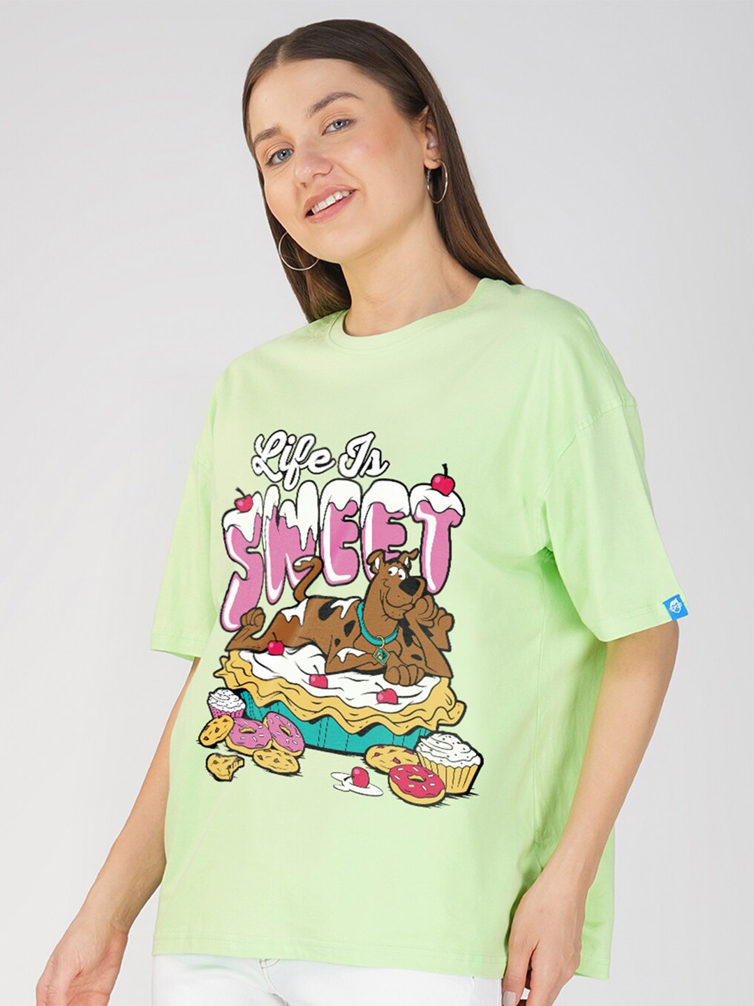

Crazymonk Printed Oversized Cotton Drop-Shoulder Sleeves T-shirt, Green