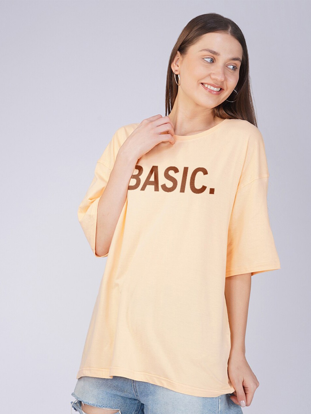 

Crazymonk Typography Printed Oversized Cotton Drop-Shoulder Sleeves T-shirt, Orange