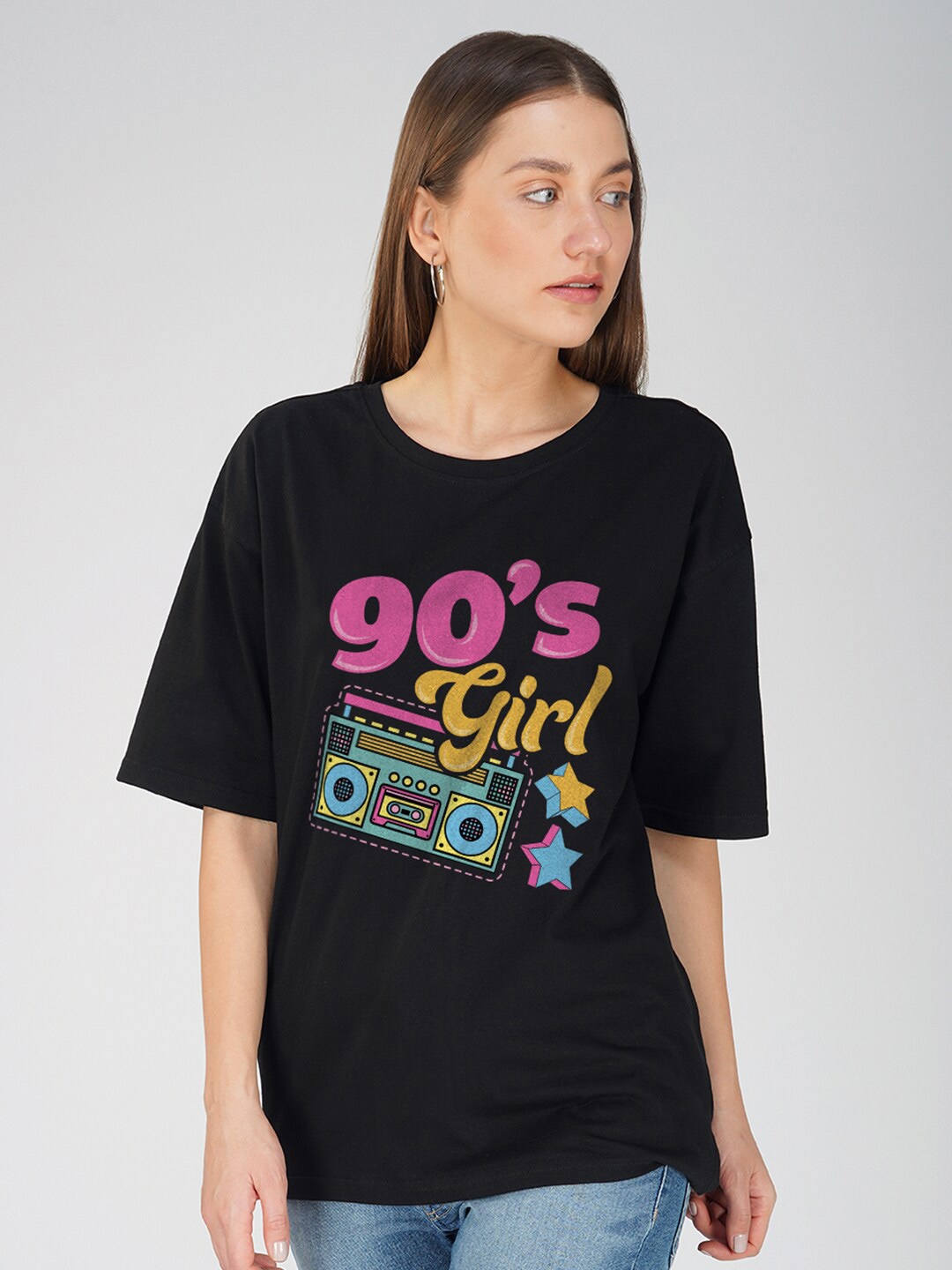 

Crazymonk Printed Oversized Cotton Drop-Shoulder Sleeves T-shirt, Black
