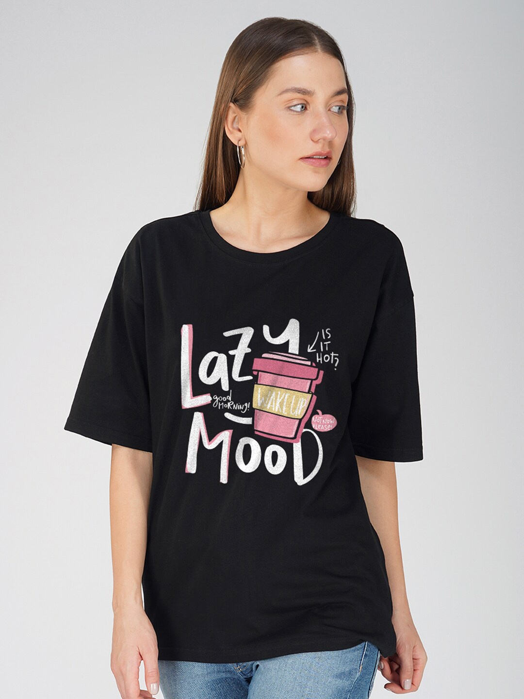 

Crazymonk Typography Printed Oversized Cotton Drop-Shoulder Sleeves T-shirt, Black