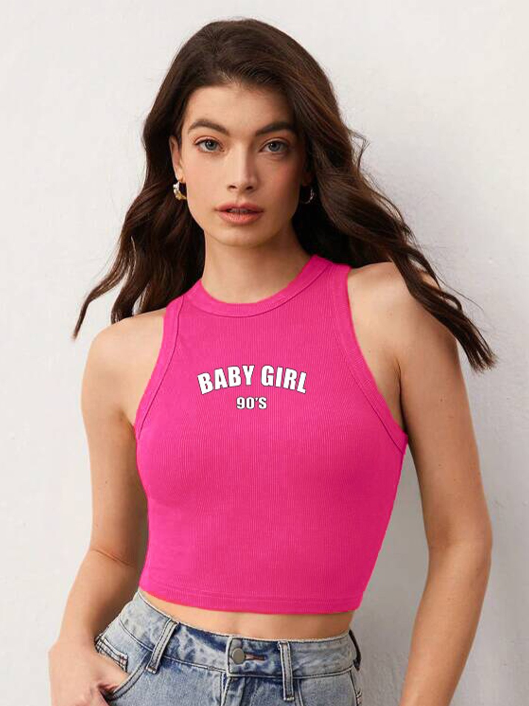 

TABADTOD Typography Print Crop Fitted Top, Pink