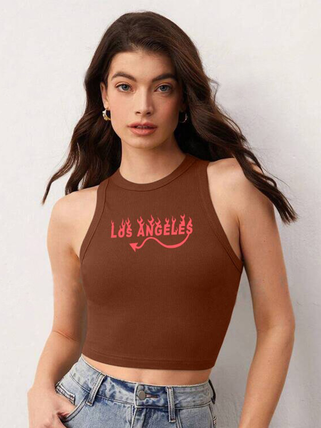 

TABADTOD Typography Printed Ribbed Fitted Crop Top, Brown