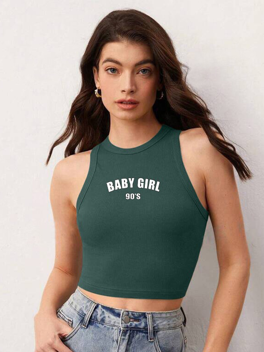 

TABADTOD Typography Printed Knitted Tank Crop Top, Green