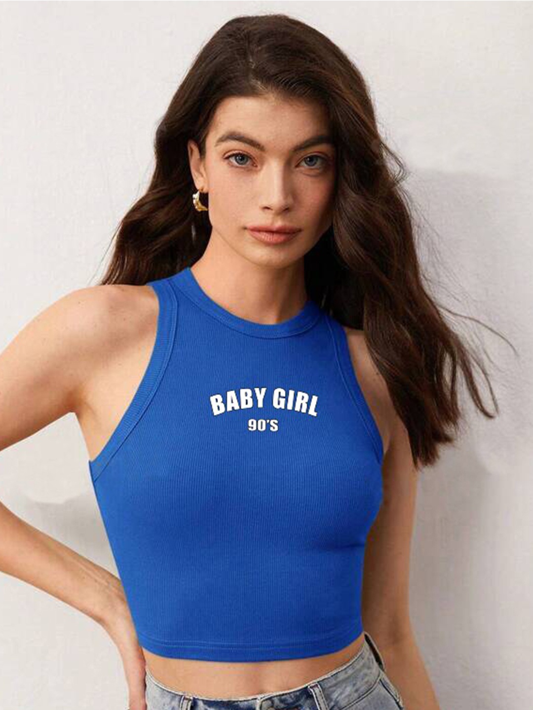 

TABADTOD Typography Printed Knitted Tank Crop Top, Blue