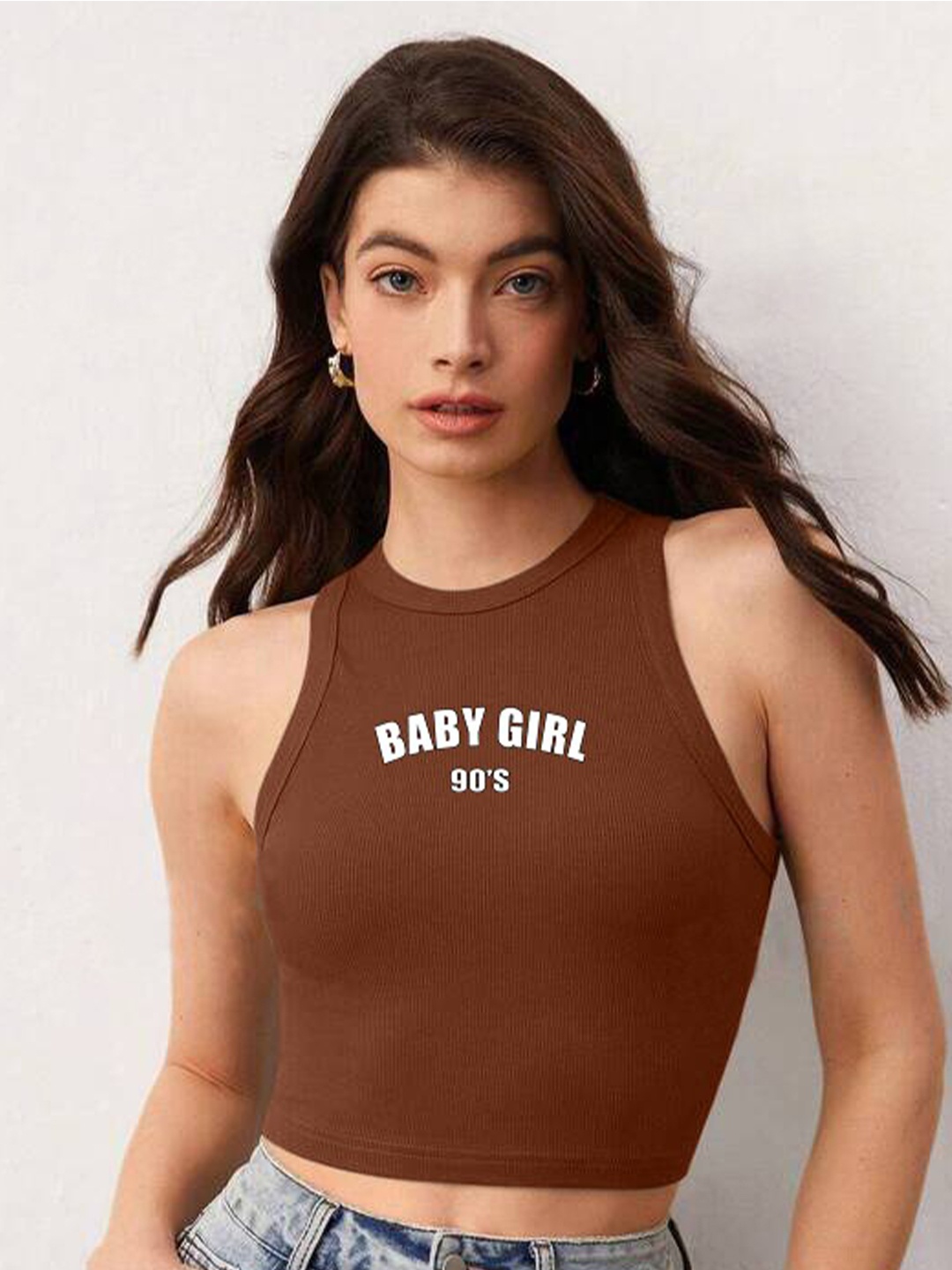

TABADTOD Typography Printed Fitted Crop Top, Brown