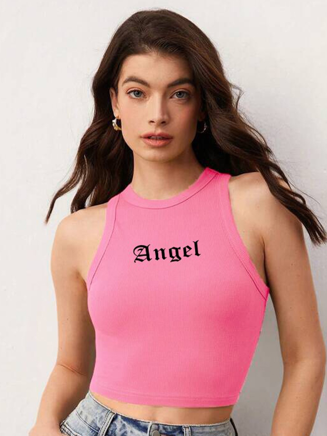 

TABADTOD Round Neck Fitted Crop Top, Pink