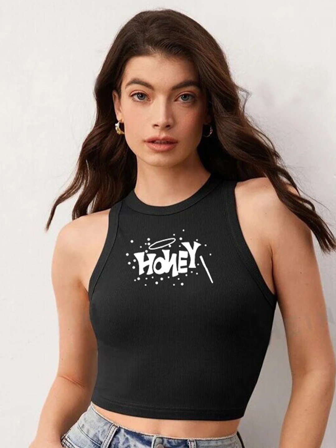 

TABADTOD Typography Printed Fitted Crop Top, Black