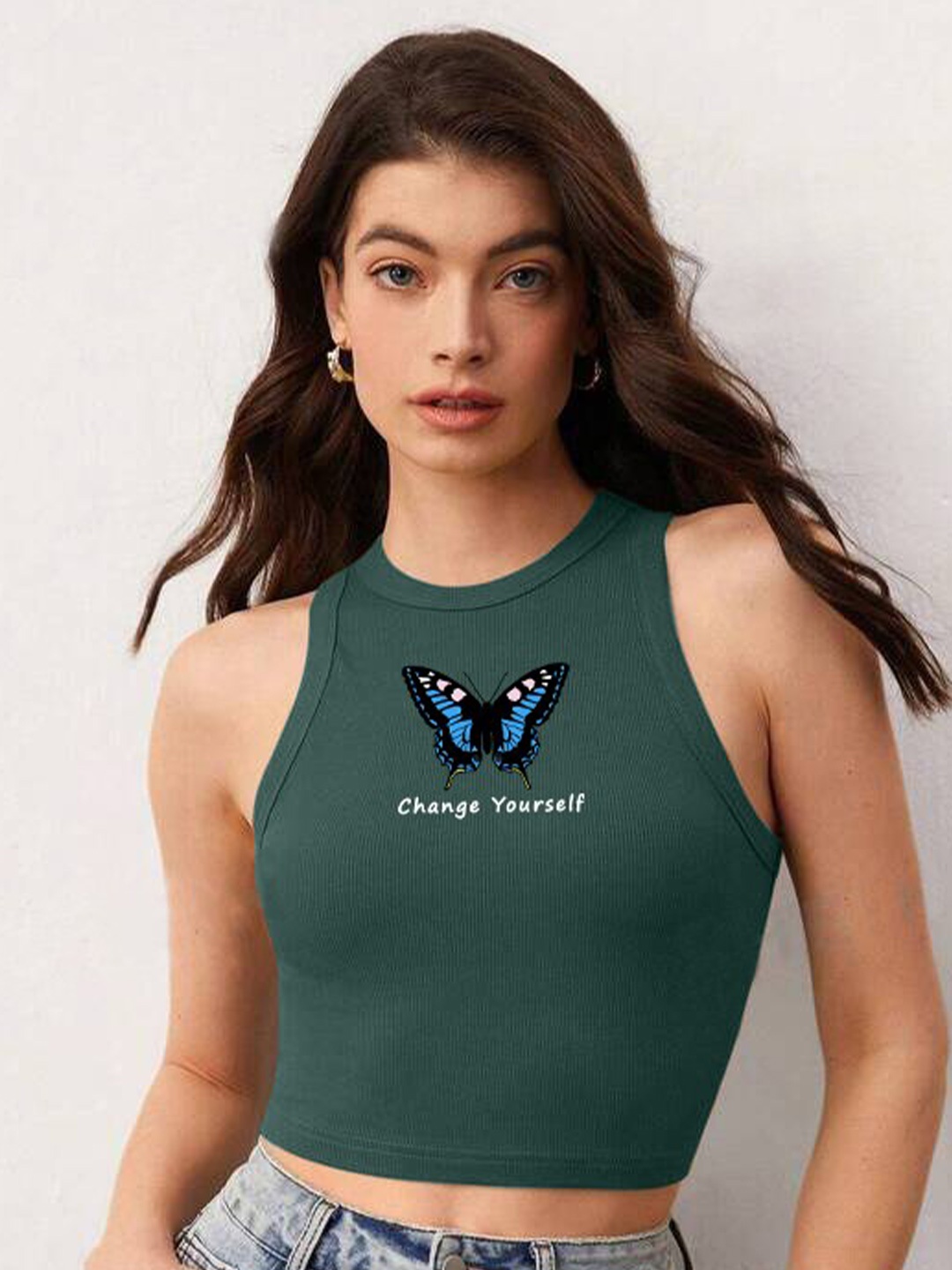 

TABADTOD Graphic Printed Fitted Crop Top, Green