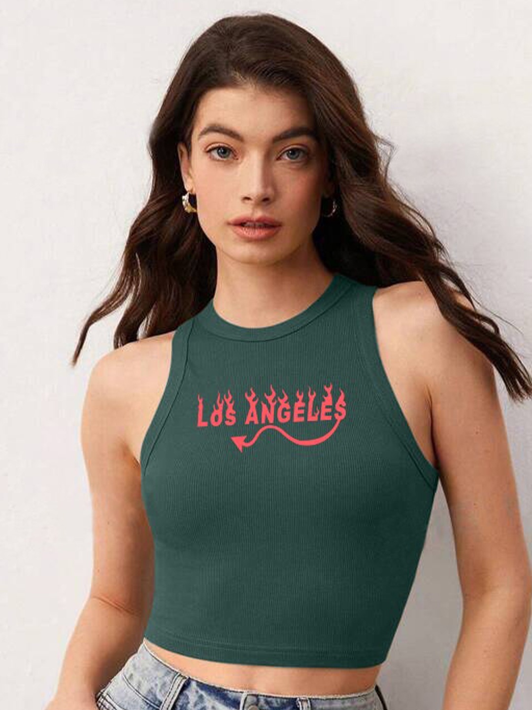 

TABADTOD Round Neck Fitted Crop Top, Green