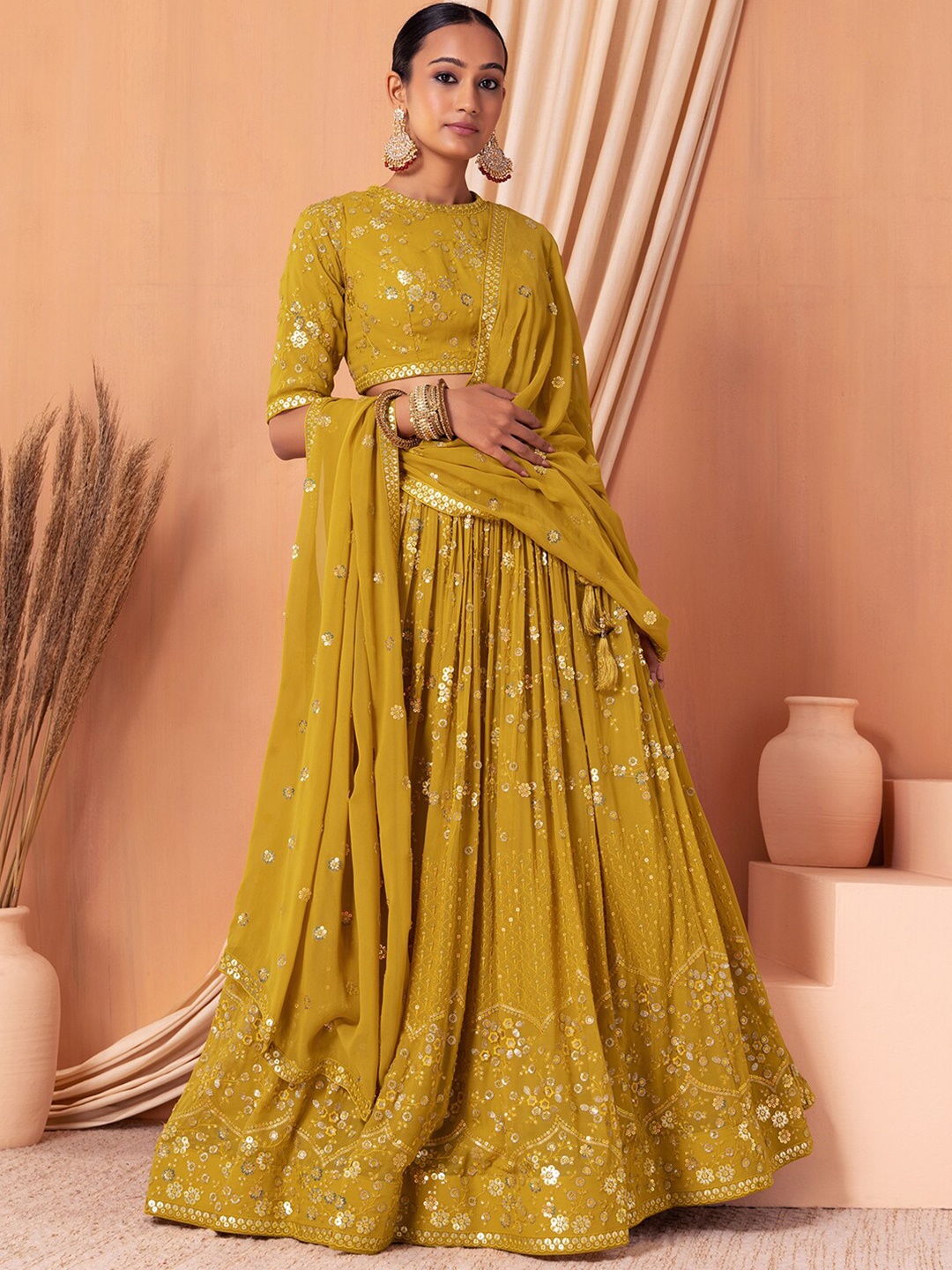 

Indya Luxe Embroidered Sequinned Detailed Ready to Wear Lehenga & Blouse With Dupatta, Yellow