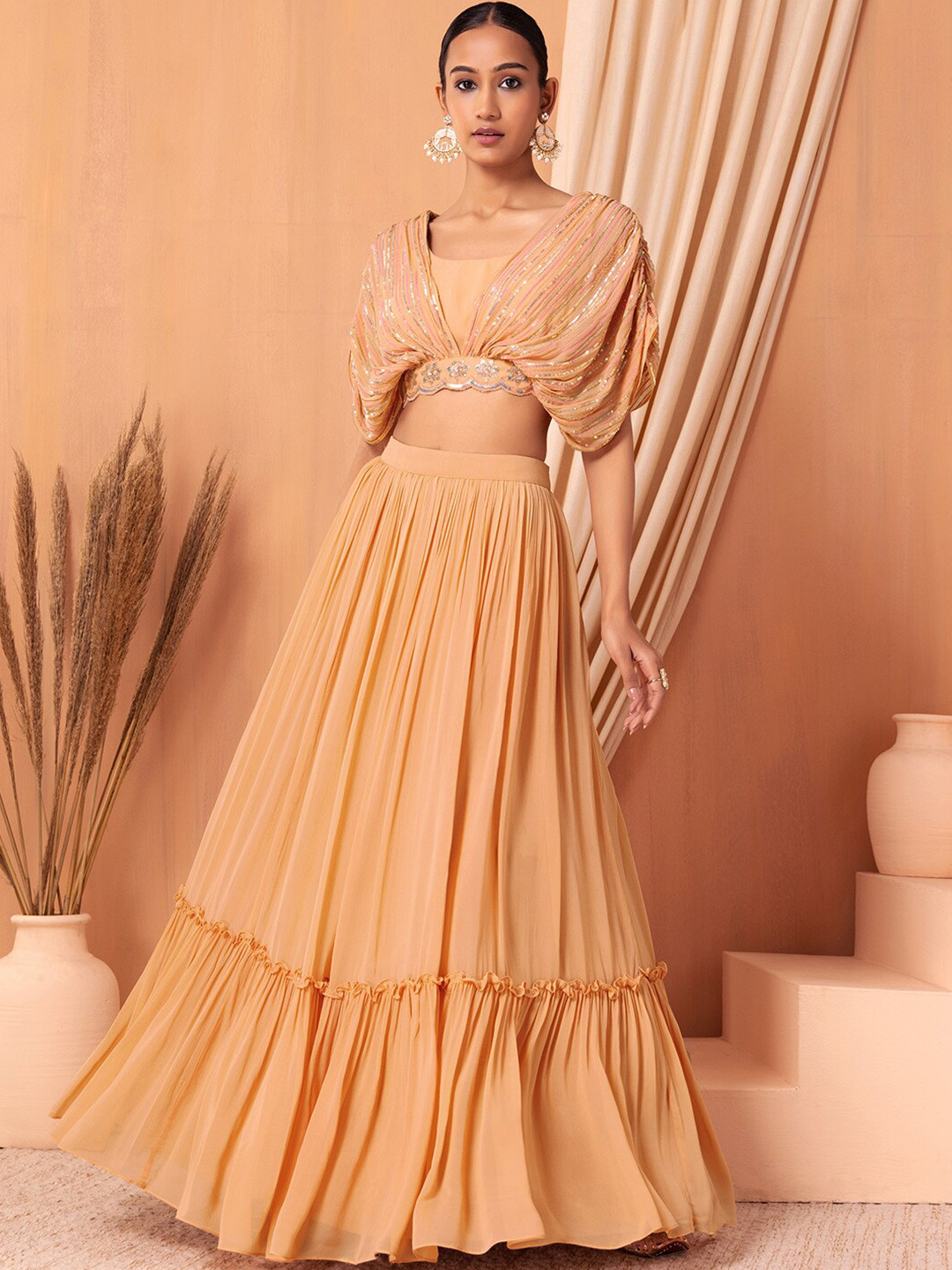 

Indya Luxe Embroidered Sequinned Ready to Wear Lehenga & Blouse With Dupatta, Orange