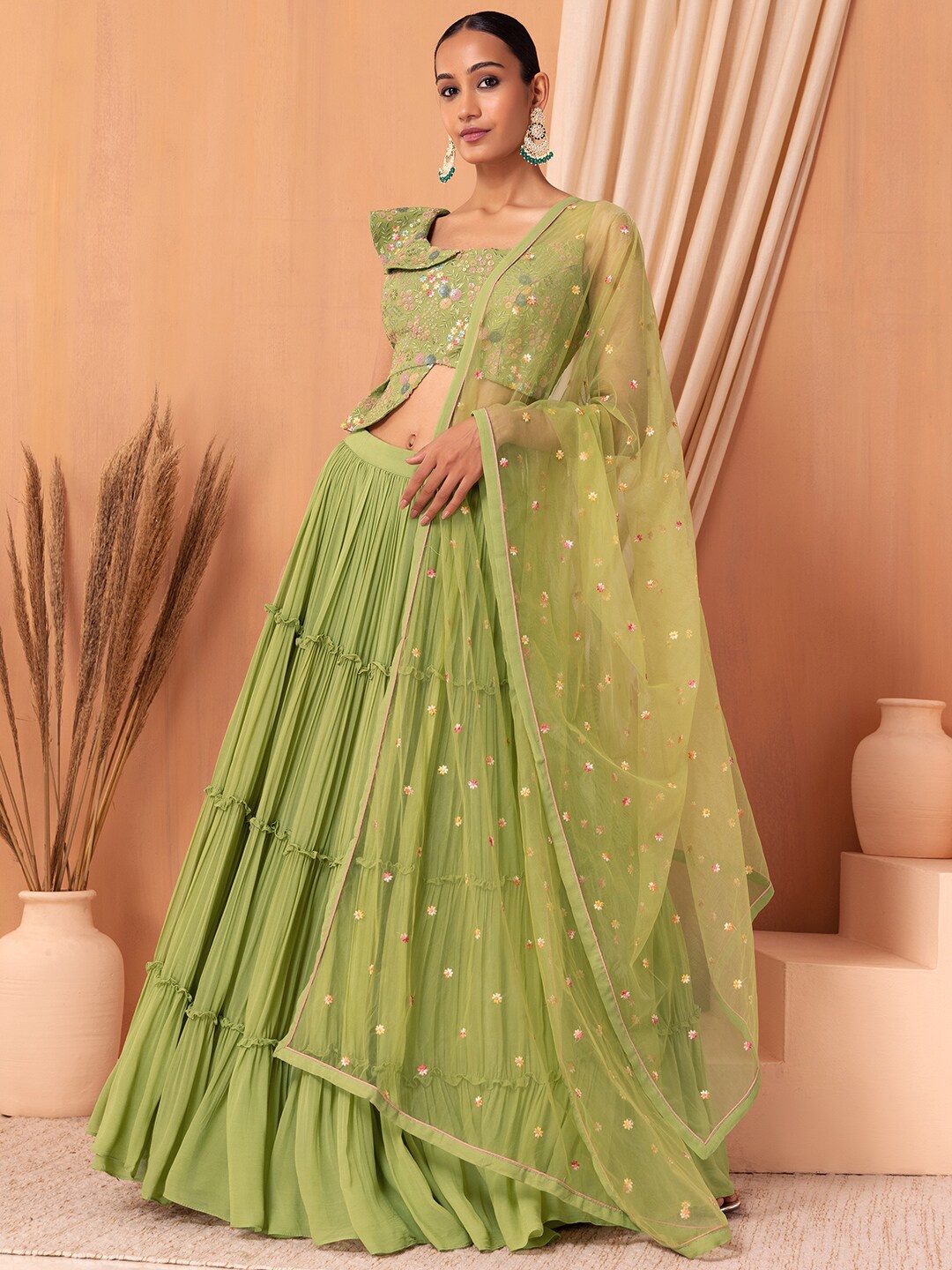 

Indya Luxe Embroidered Sequinned Ready to Wear Lehenga & Blouse With Dupatta, Green