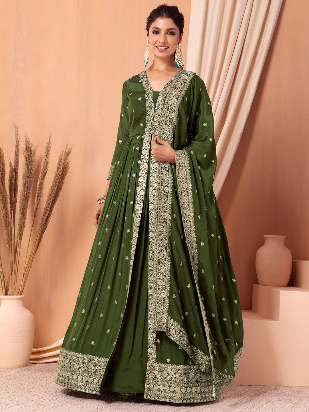 

Indya Luxe Embroidered Sequinned Ready to Wear Lehenga & Blouse With Dupatta, Green
