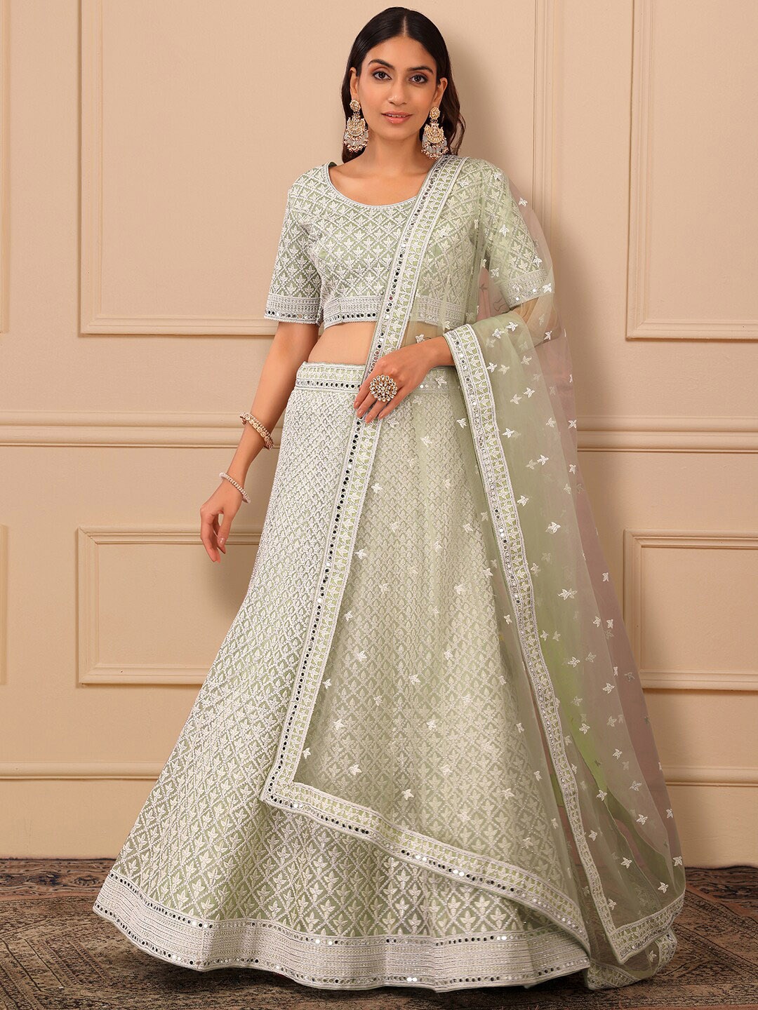 

Indya Luxe Embroidered Beads and Stones Ready to Wear Lehenga & Blouse With Dupatta, Green