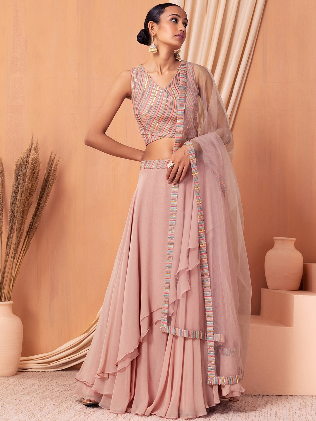 

Indya Luxe Embroidered Sequinned Ready to Wear Lehenga & Blouse With Dupatta, Pink