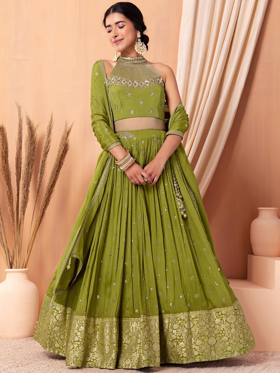 

Indya Luxe Embroidered Sequinned Ready to Wear Lehenga & Blouse With Dupatta, Green