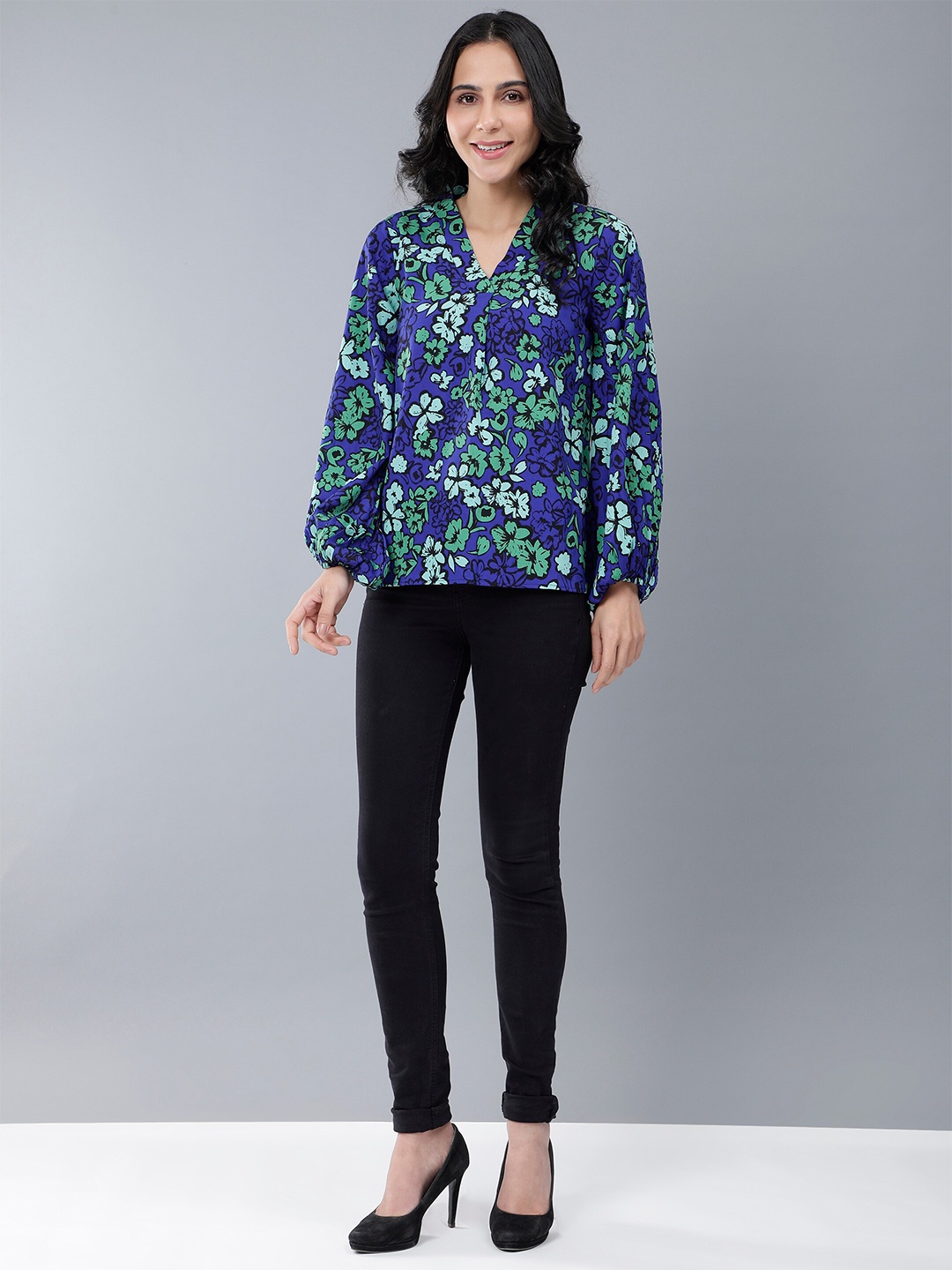 

HERE&NOW Floral Print Puff Sleeve Top, Blue