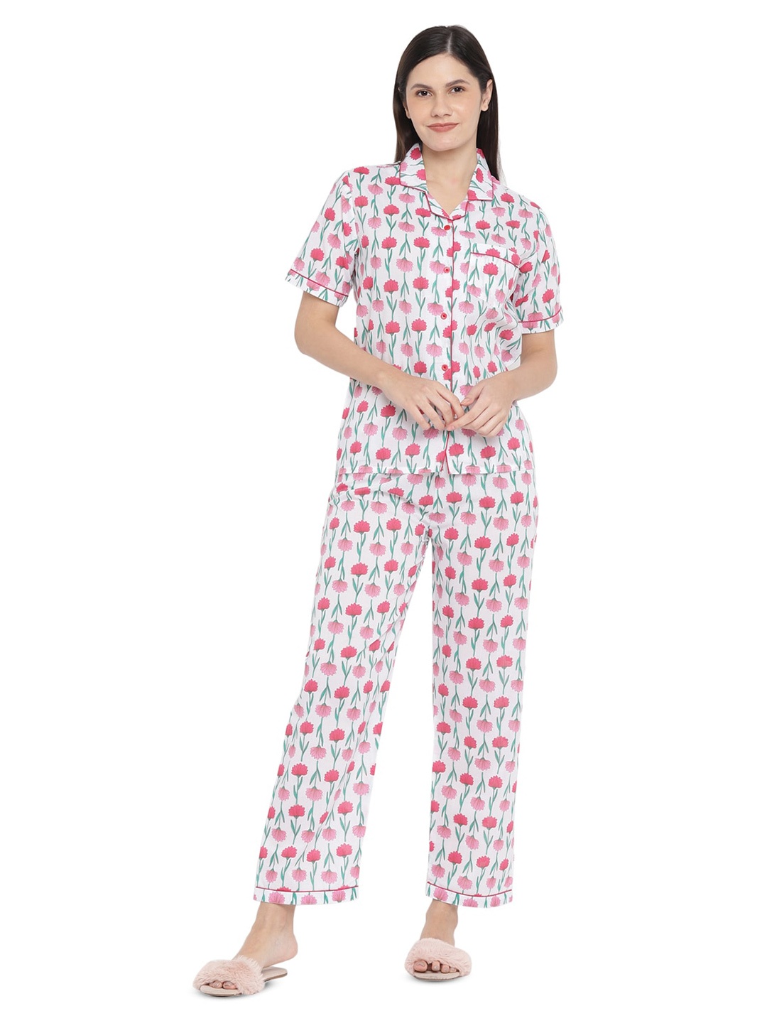 

shopbloom Floral Printed Pure Cotton Night Suit, White