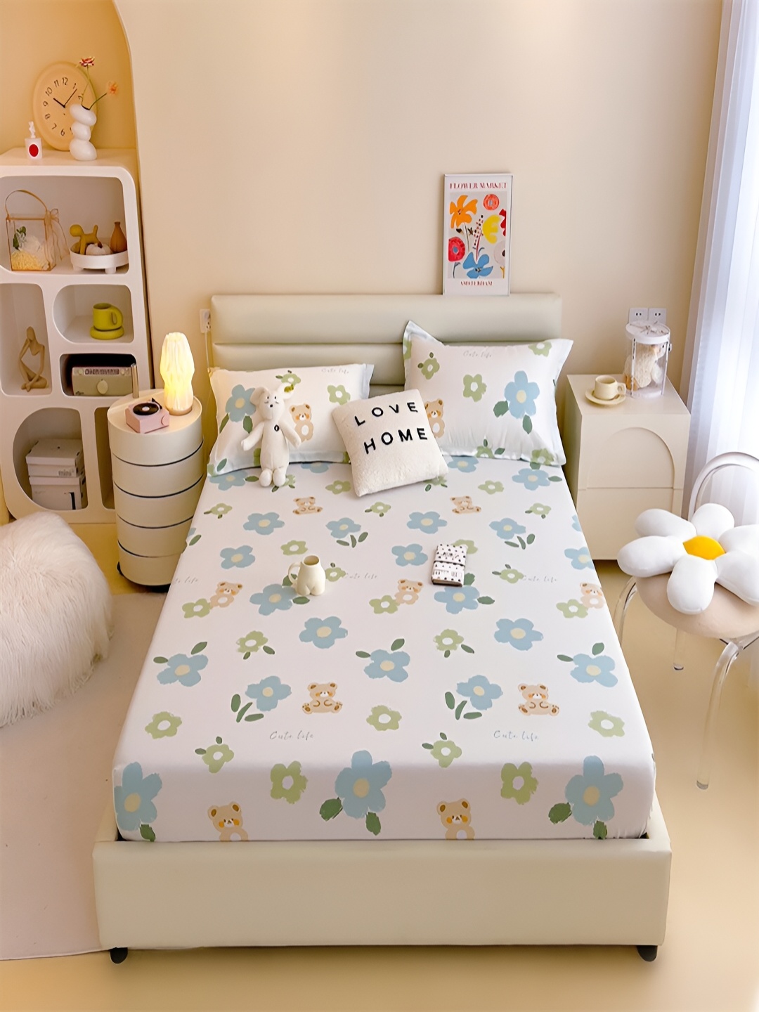 

JC HOME White & Blue Graphic Cotton Fitted King Bedsheet with 2 Pillow Covers