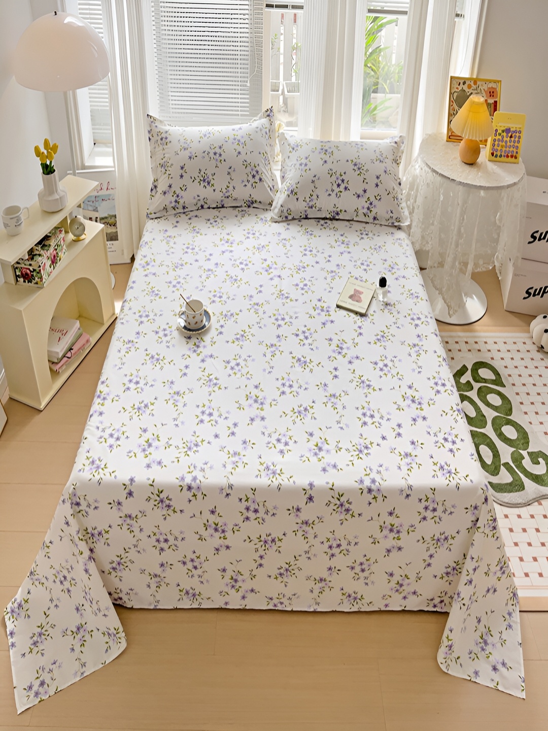 

JC HOME White & Purple Floral Cotton King Bedsheet with 2 Pillow Covers