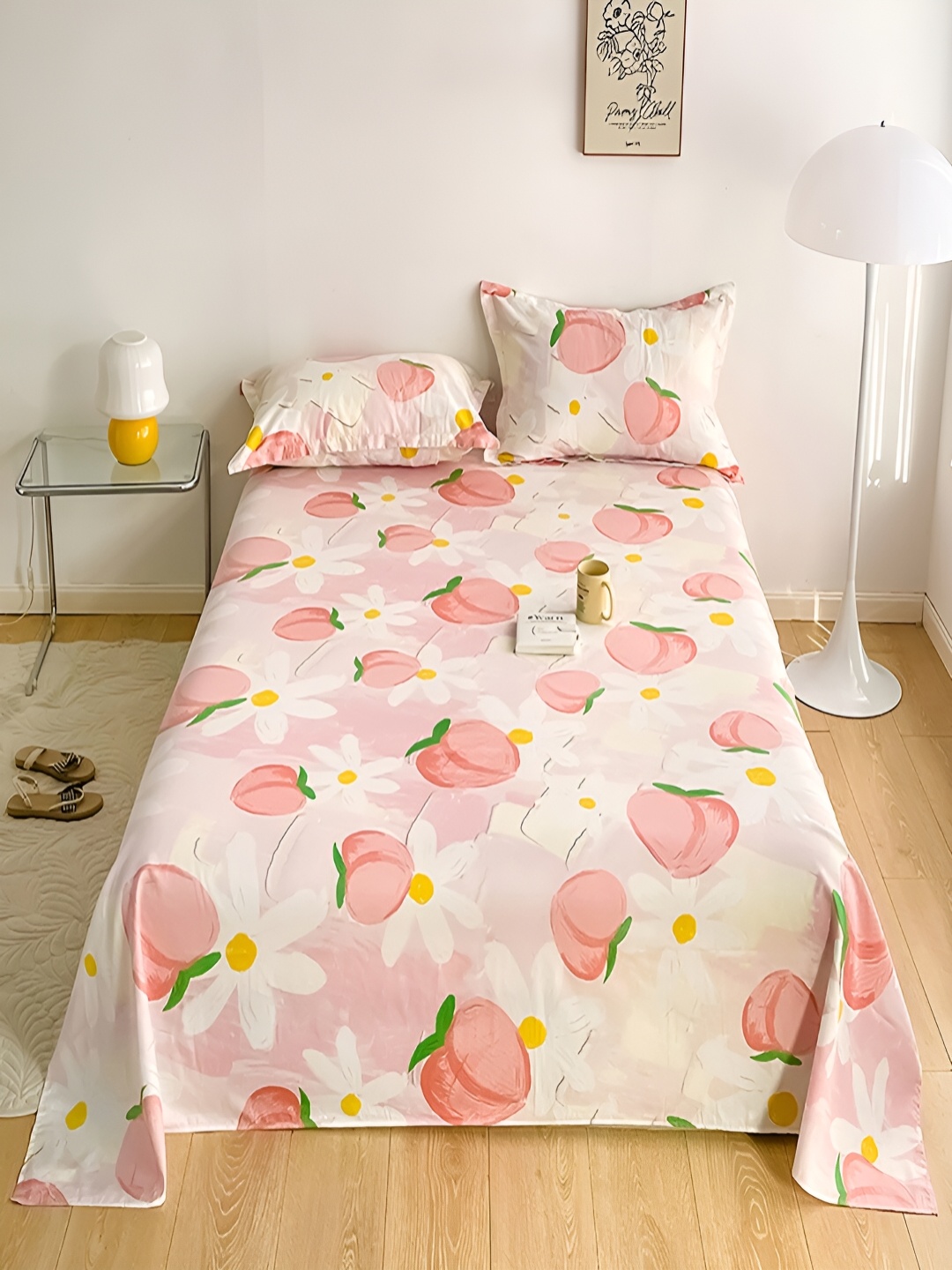 

JC HOME Pink & White Floral Cotton 230 TC Single Bedsheet with Pillow Covers