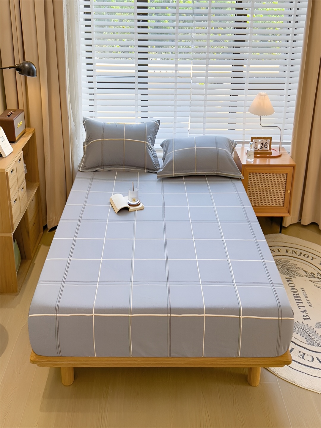 

JC HOME Grey Geometric Cotton 230 TC Fitted King Bedsheet with 2 Pillow Covers