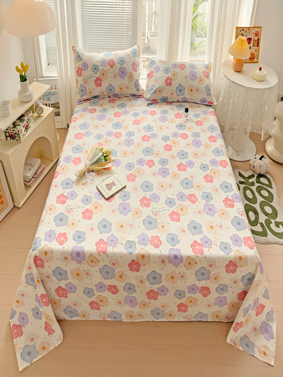 

JC HOME Cream & Blue Floral 240 TC Cotton Queen Bedsheet with 2 Pillow Covers