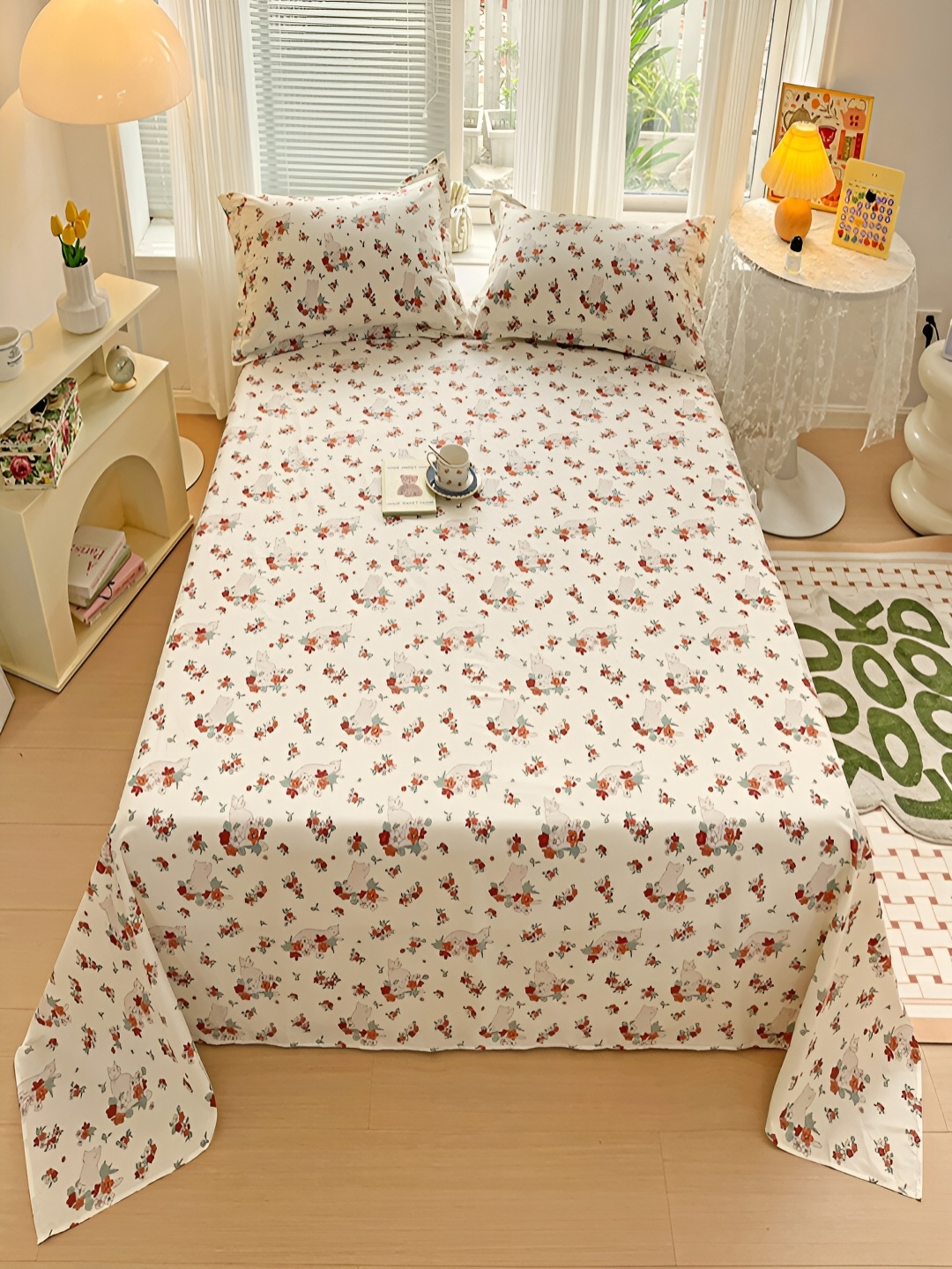 

JC HOME Cream & Red Floral 240 TC Cotton Queen Bedsheet with 2 Pillow Covers