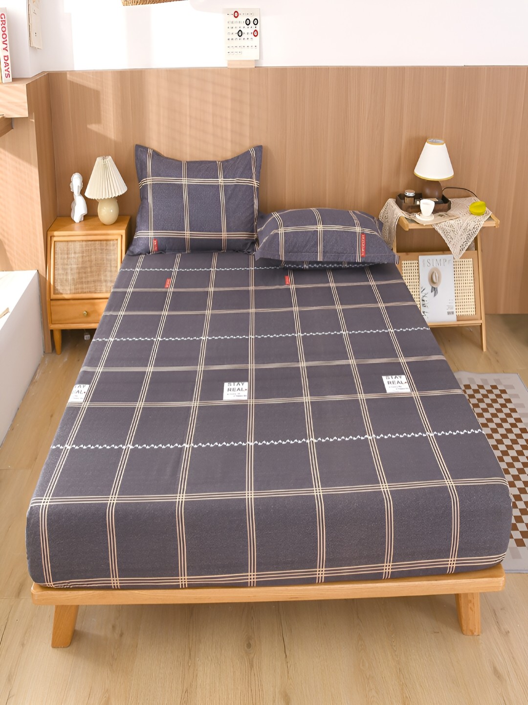 

JC HOME Grey & Beige Geometric 150 TC Single Bedsheet with 1 Pillow Covers