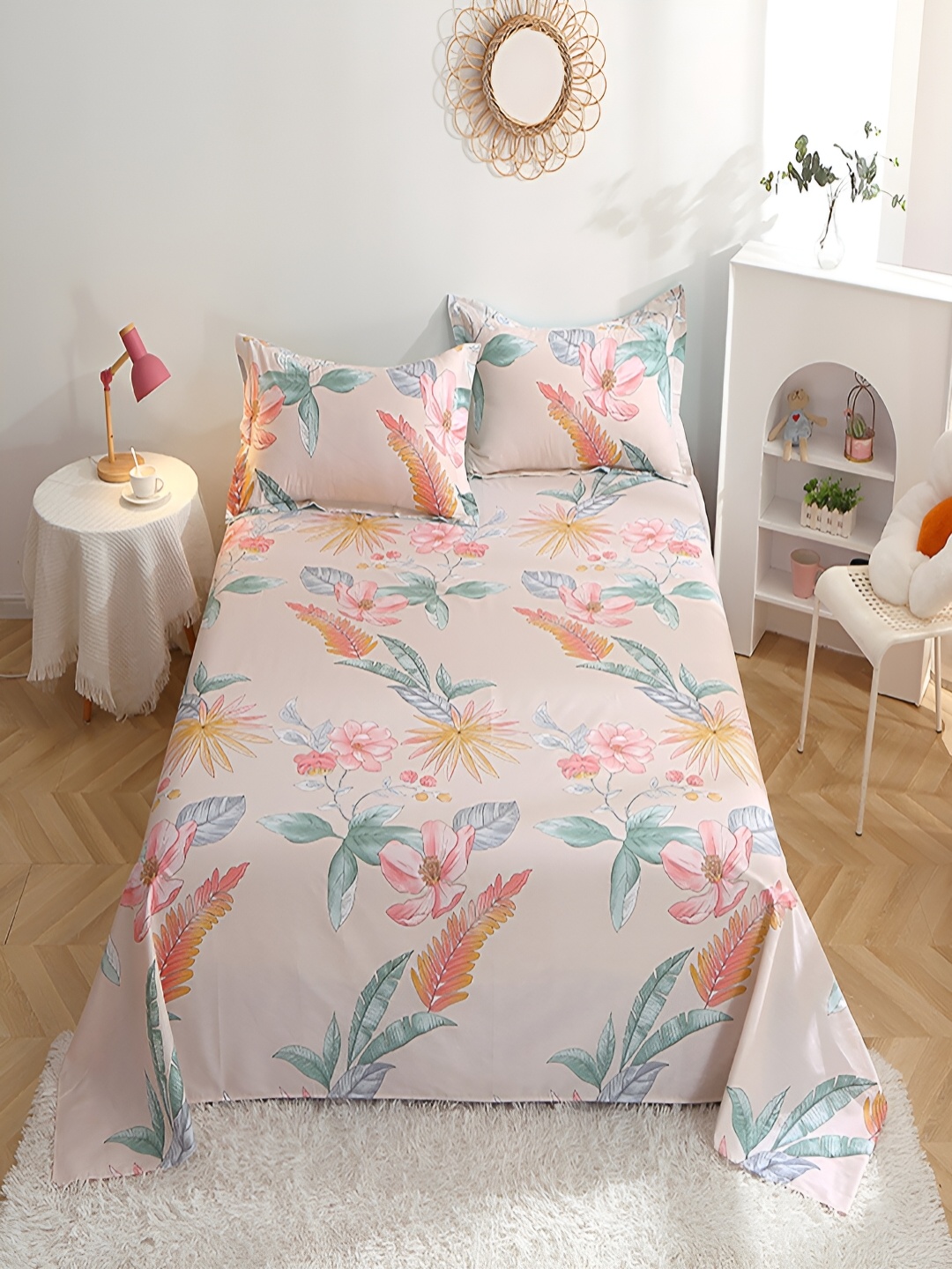 

JC HOME Pink Floral Printed 210 TC Cotton Queen Bedsheet with 2 Pillow Covers