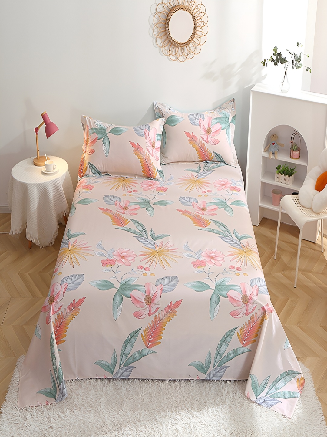 

JC HOME Pink & Green Printed 210 TC Cotton King Bedsheet with 2 Pillow Covers