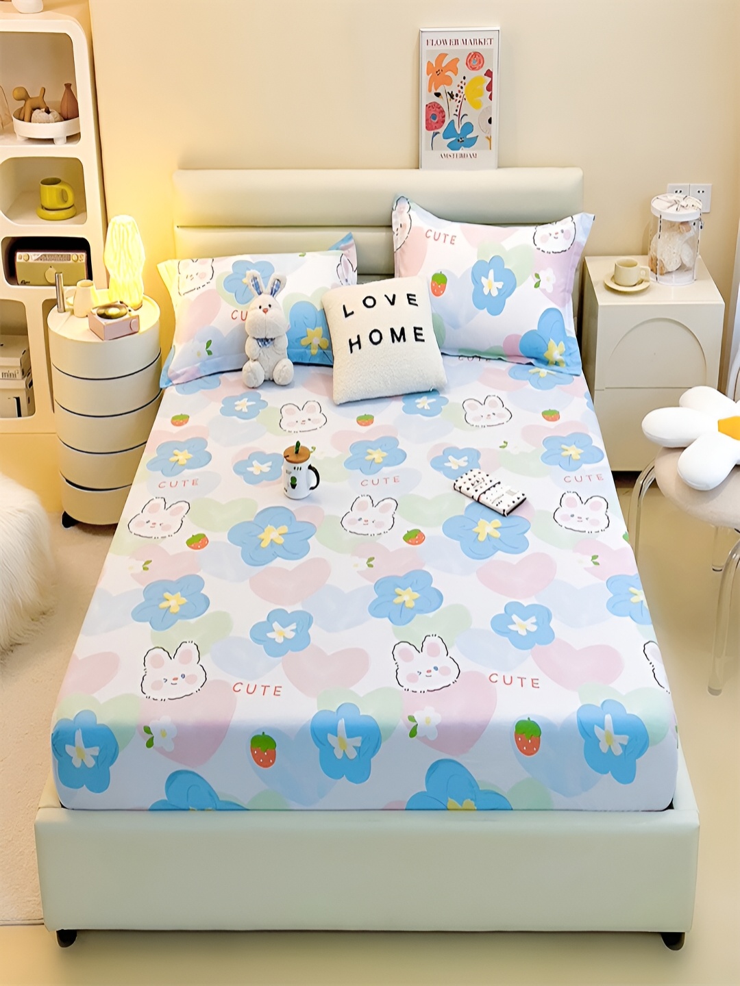 

JC HOME White & Blue Floral 230 TC Fitted Single Bedsheet with 1 Pillow Covers