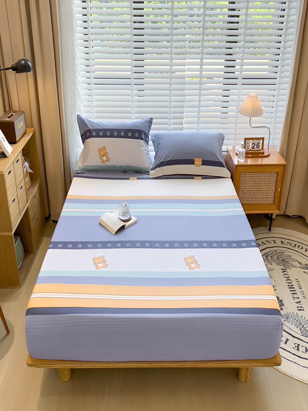 

JC HOME Blue & Orange Striped Cotton Fitted 230 TC King Bedsheet with 2 PillowCovers