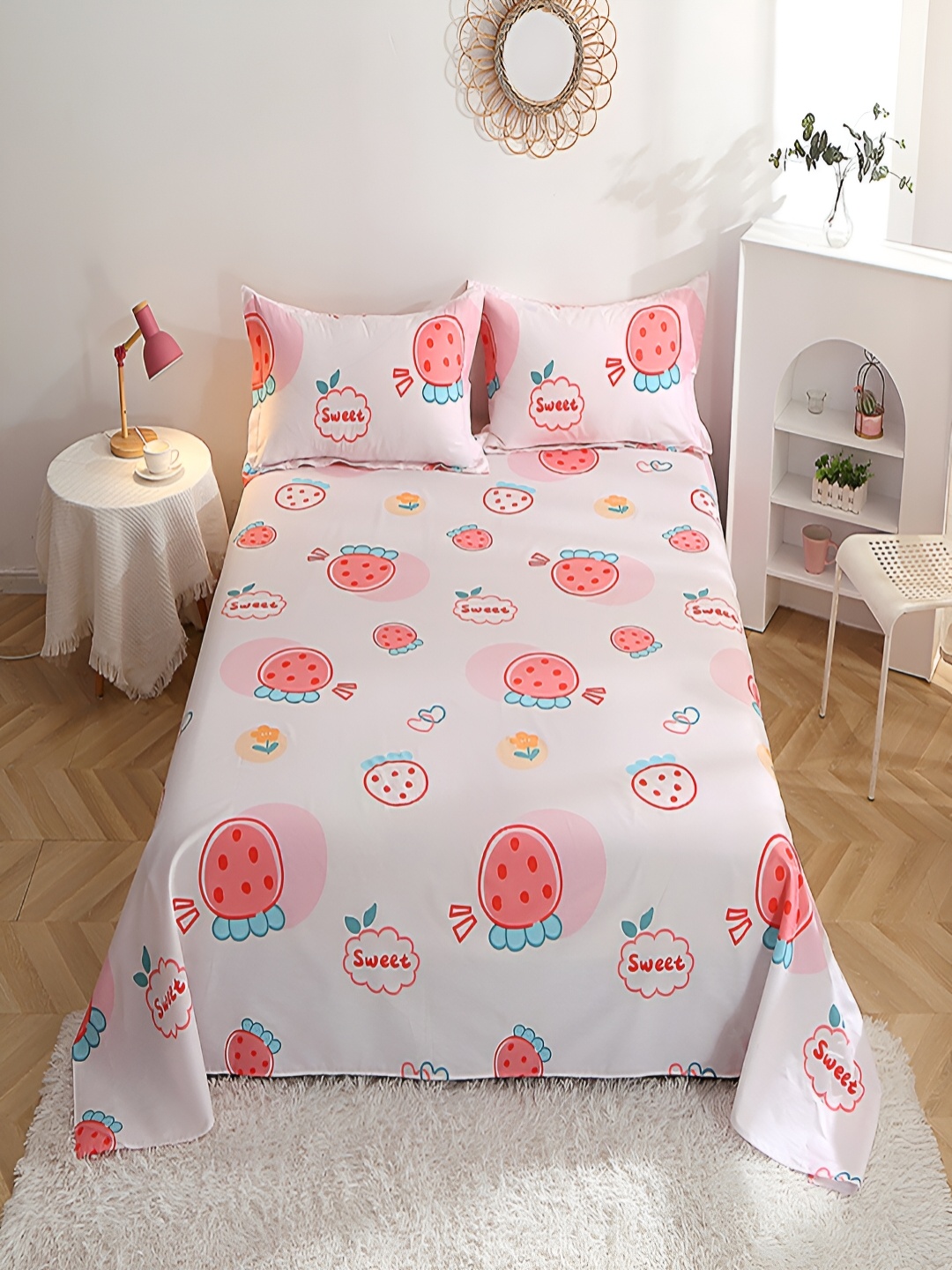 

JC HOME White & Pink Graphic 210 TC Cotton Queen Bedsheet with 2 Pillow Covers