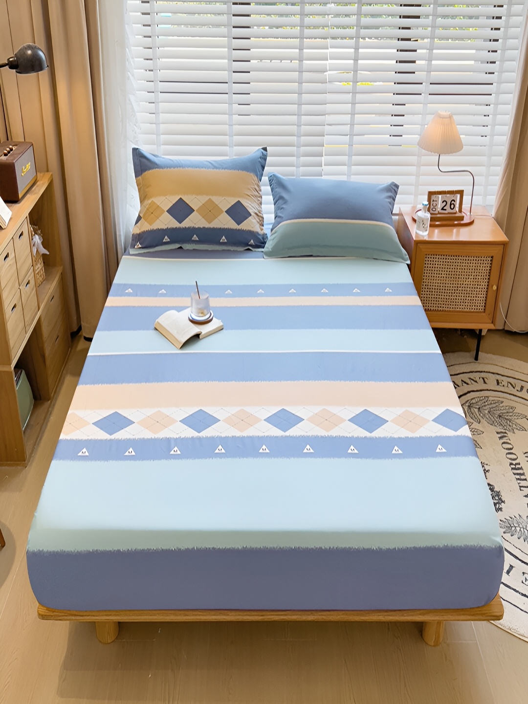 

JC HOME Blue & Beige Striped 230 TC Cotton Fitted King Bedsheet with 2 Pillow Covers