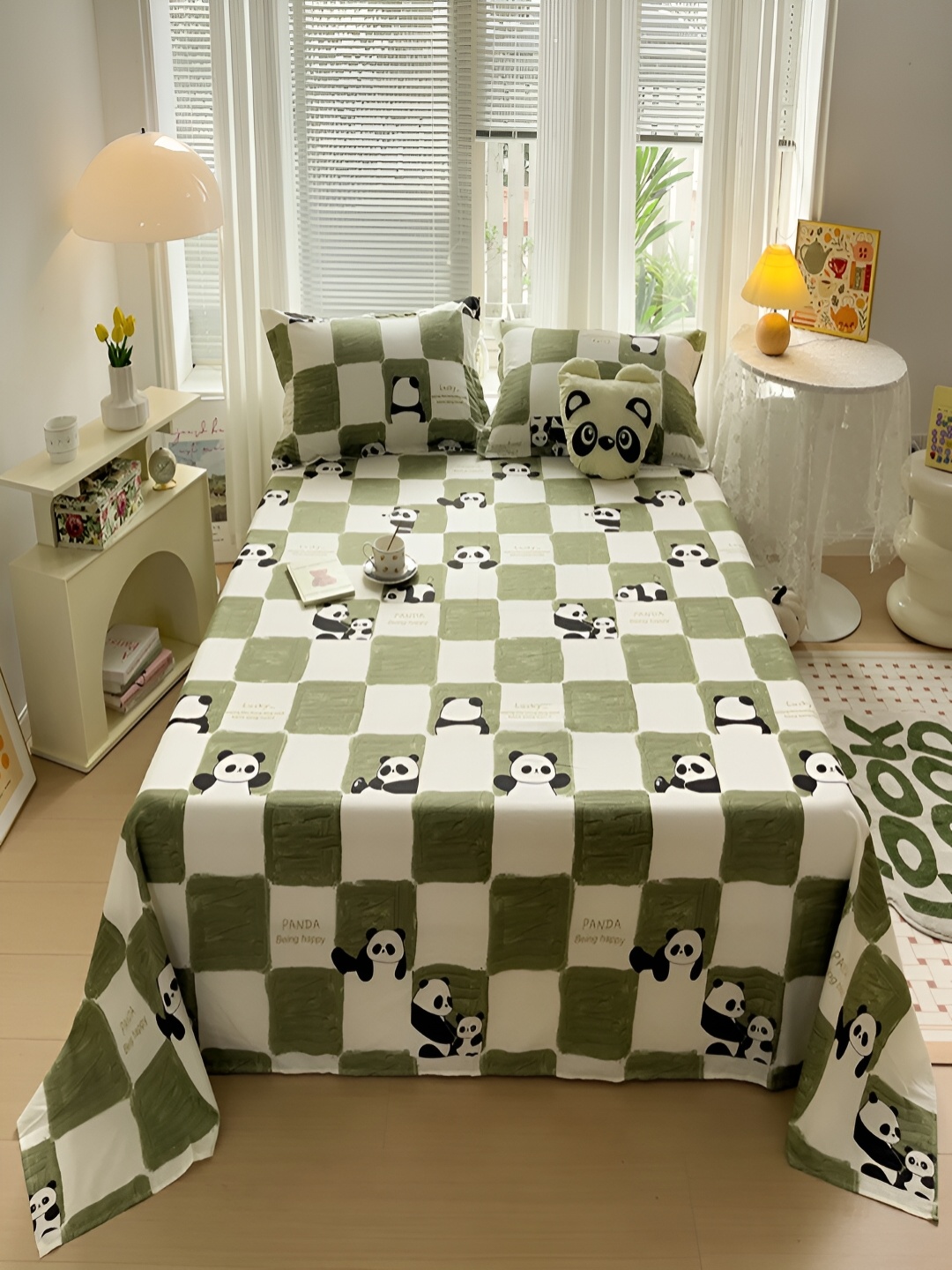 

JC HOME White & Green Cartoon Characters 240 TC Single Bedsheet With 1 Pillow Cover