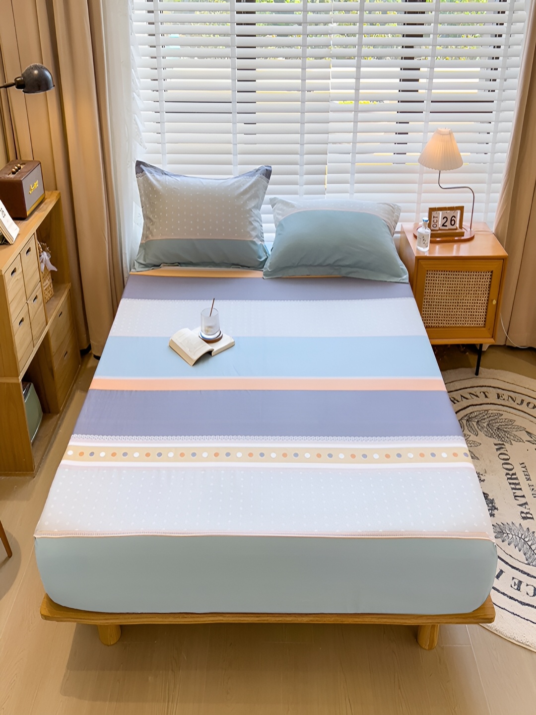 

JC HOME Blue & Peach Striped Cotton 230 TC Queen Bedsheet With 2 Pillow Covers