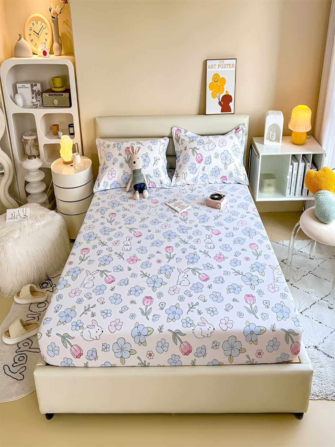 

JC HOME White Floral Cotton Fitted 230 TC Single Bedsheet With 1 Pillow Covers