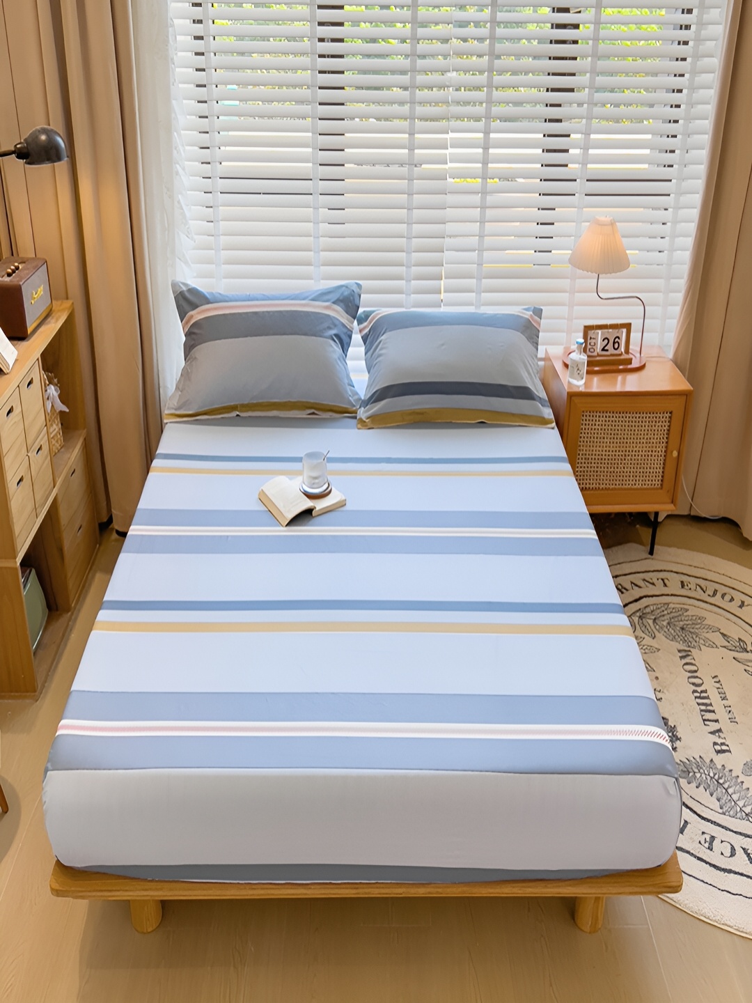 

JC HOME Blue & White Striped Cotton 230 TC Queen Bedsheet with 2 Pillow Covers