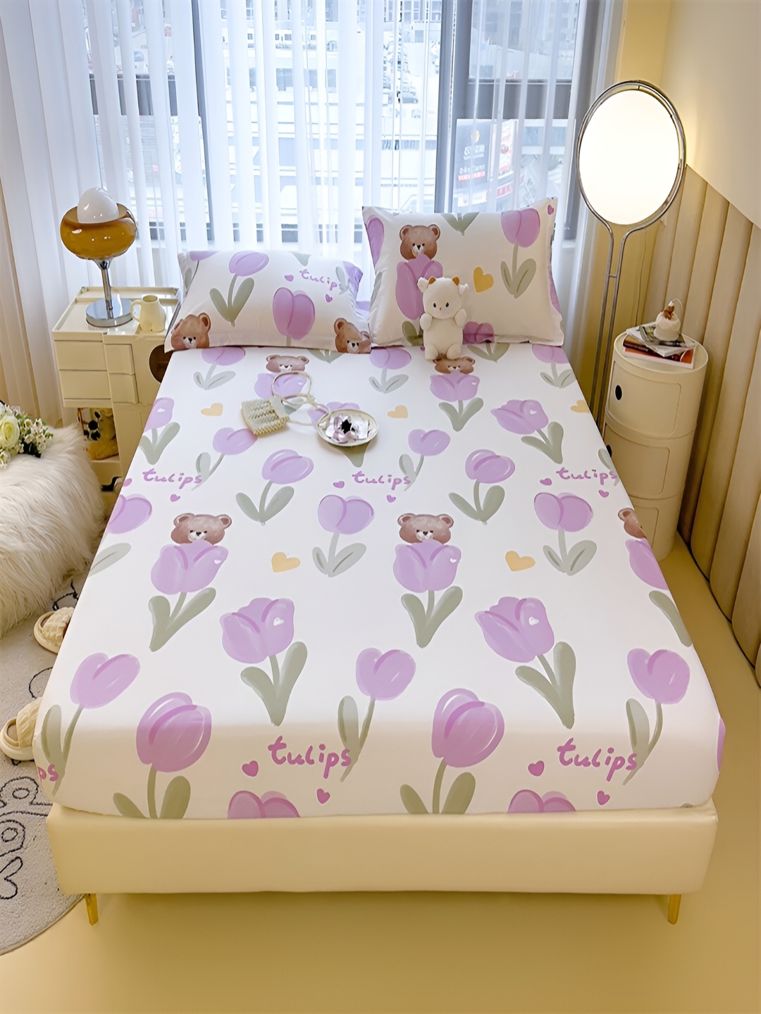 

JC HOME White & Purple Floral Cotton 240 TC Bedsheet with 2 Pillow Covers