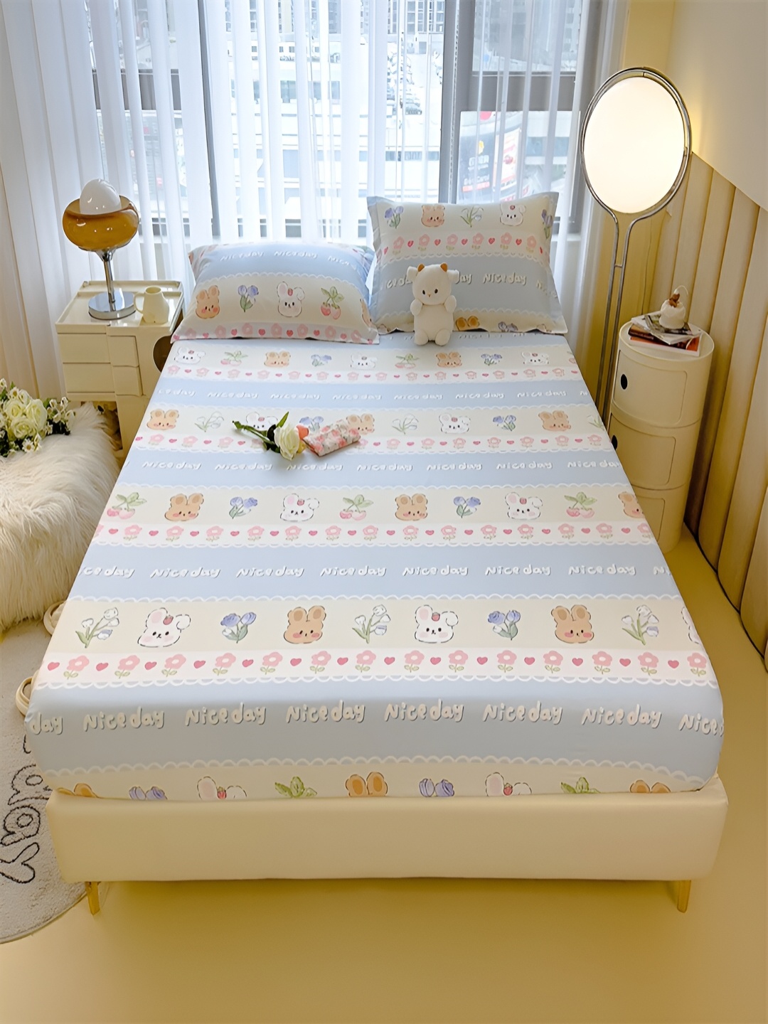 

JC HOME Blue & Off White Cartoon Characters Cotton 240 TC King Bedsheet Set