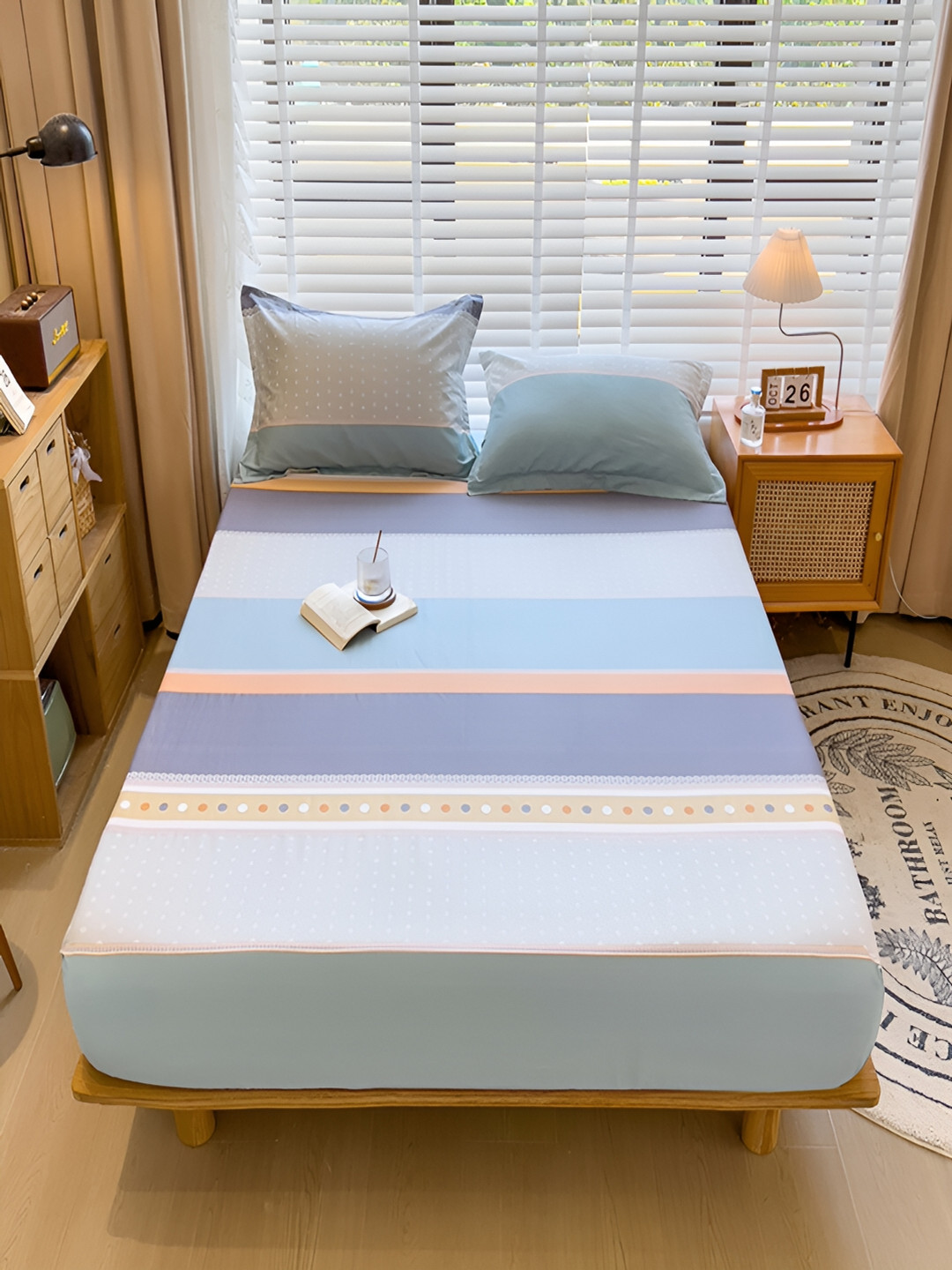 

JC HOME Blue & Green Striped Single Fitted Bedsheet with Pillow Cover