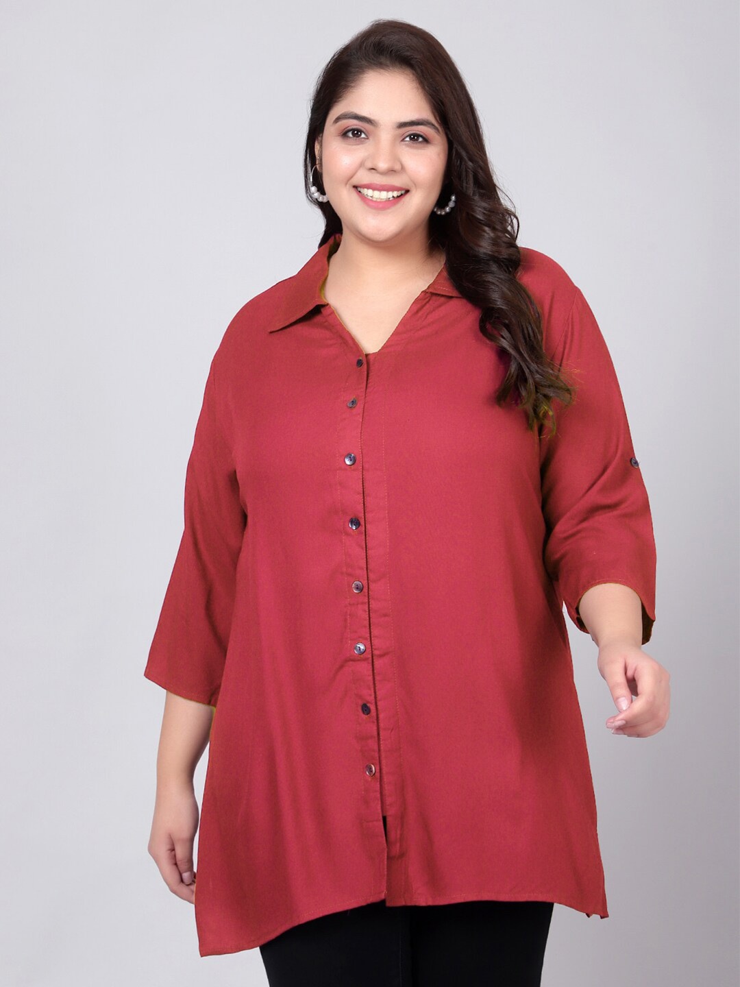 

Indietoga Plus Size Classic Spread Collar Three-Quarter Sleeves Casual Shirt, Red