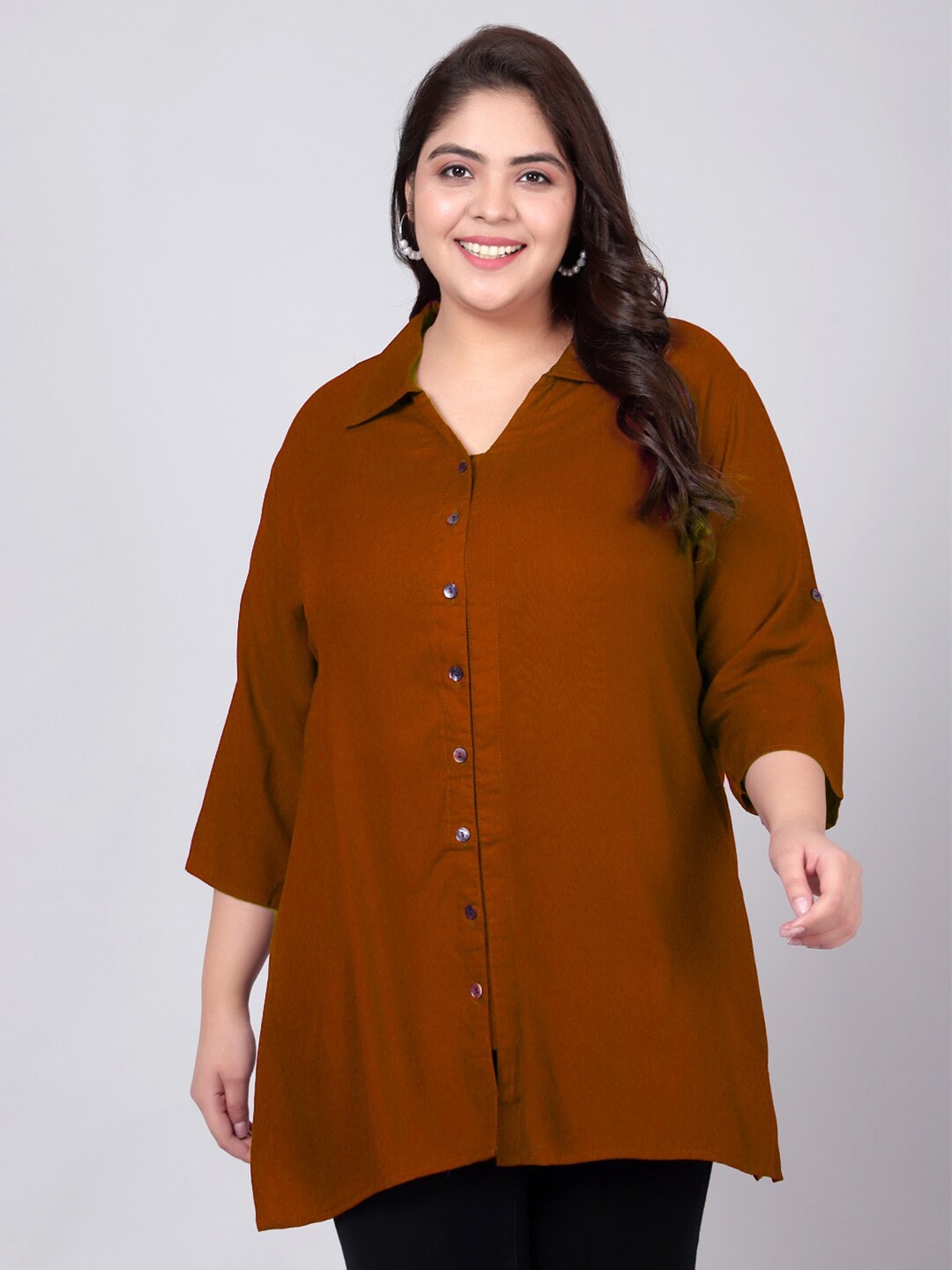 

Indietoga Plus Size Classic Spread Collar Three-Quarter Sleeves Casual Shirt, Brown